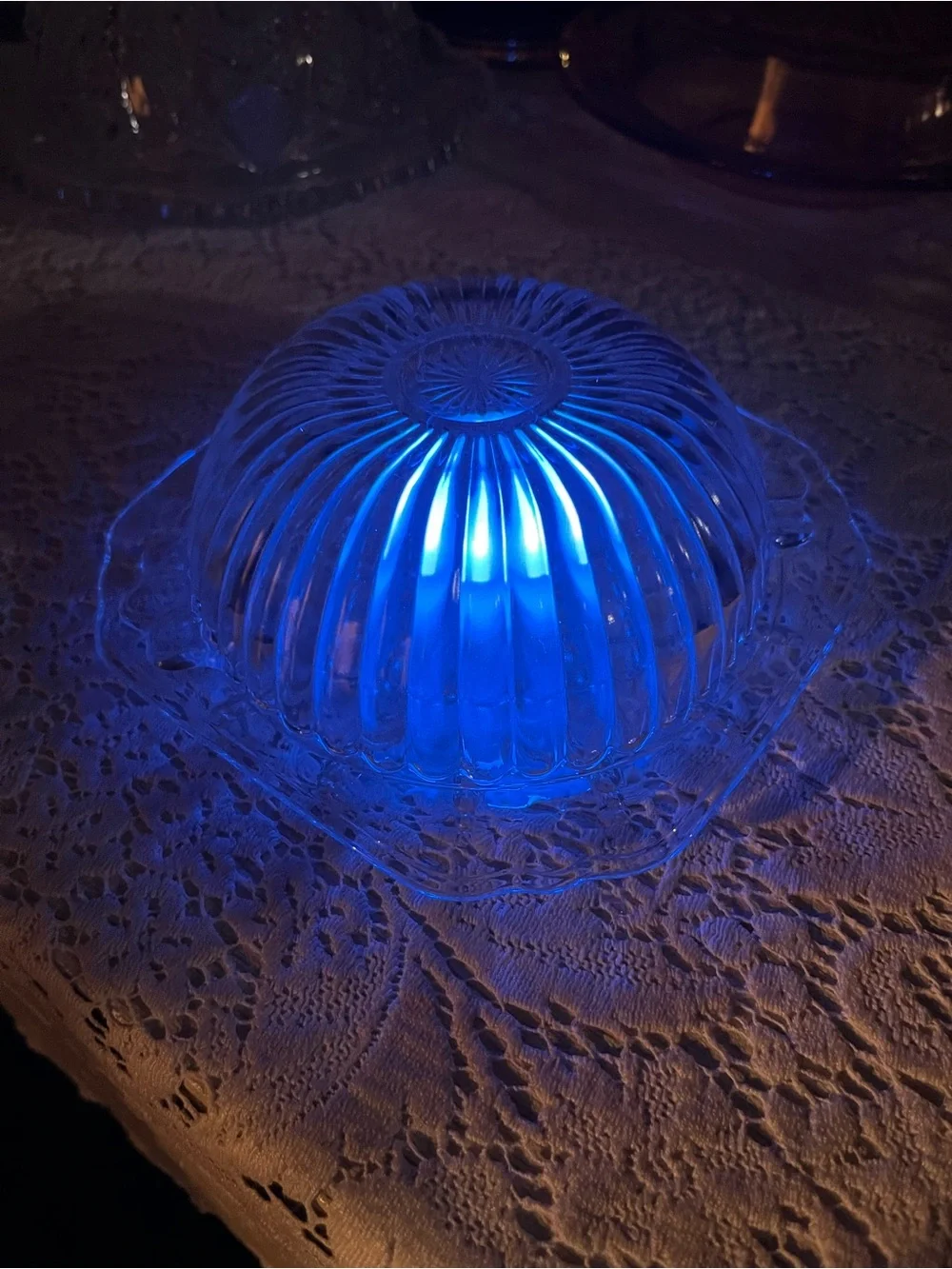Vintage Clear Pressed Glass Fairy Lamp | Ribbed Bowl & Square Plate
